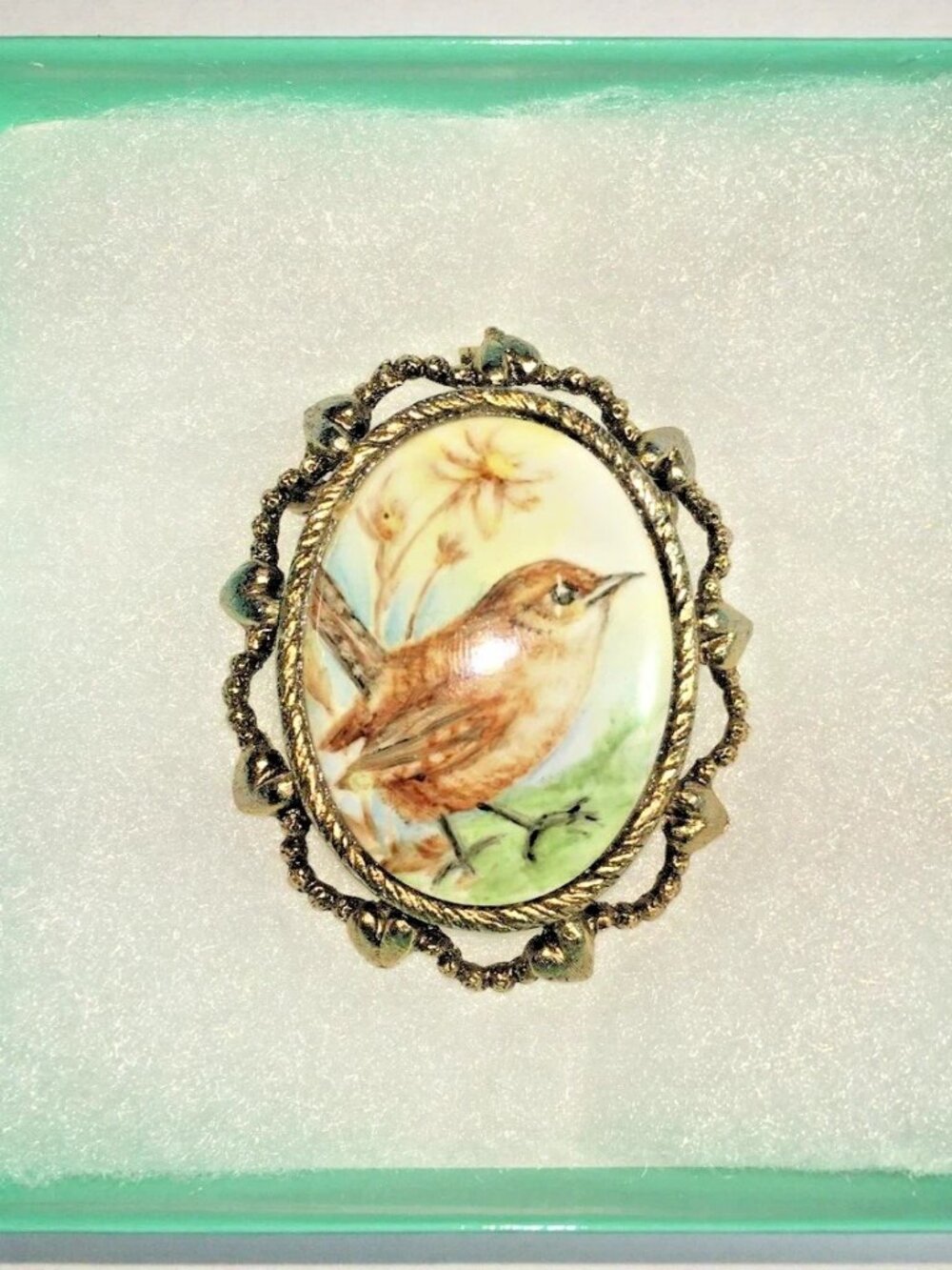 Vintage Bird And Nest Hand Painted Signed On Porcelain Brooch-Pendant